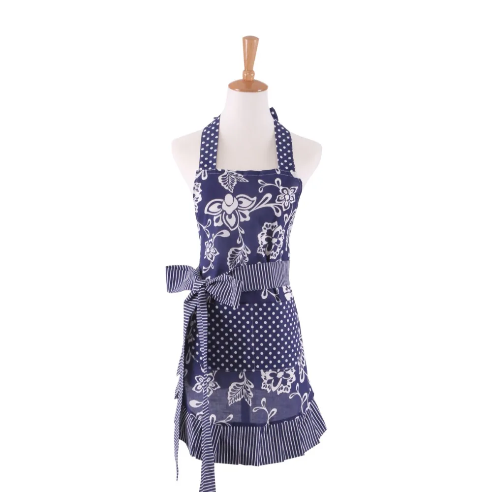 New Women Restaurant Home Kitchen apron Flower And Leaves Printed Pocket Lace Cooking Cotton Apron High Quality Pleated Apron