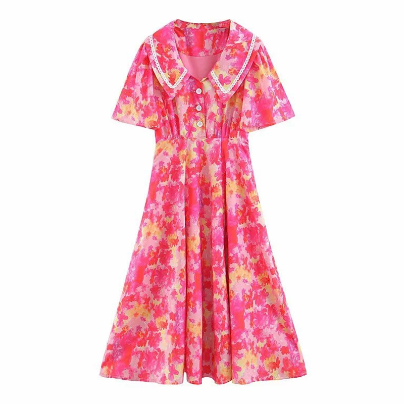 Women's Clothing Dress 2019 Turndown collar Lace-Trimmed Pink Print Dress Ms Summer Street Sexy Slim Fit Trend Fashion Clothing