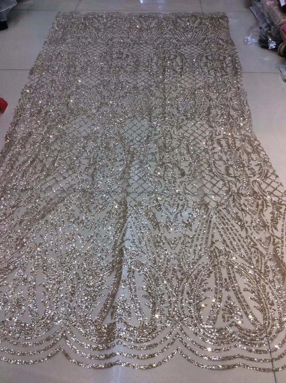 

ap220# 5 yards champagne gold pearls sparkly hand print glued glitter net tulle mesh sugar lace fabric for sawing dress