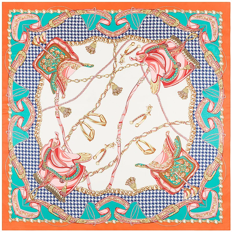 

[POBING]100% Silk Scarf Women Chain Painting Foulard Luxury Brand Neckerchief Square Scarves Female Bandana Office Lady Headband