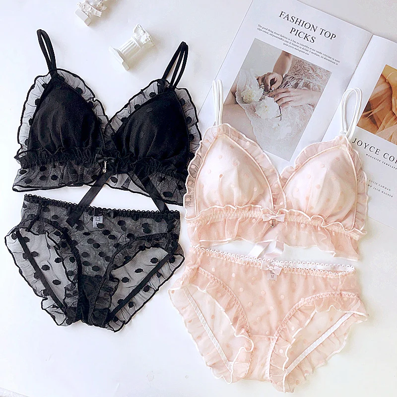 

Wriufred Polka Dot Mesh Sexy Ruffle Underwear Women Large Size Bra Set Triangle Cup Lingerie Wire Free Personality Bra&Brief