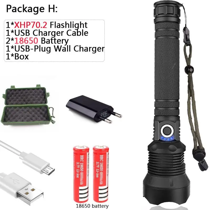 60000LMs мощный светодиодный фонарь XHP70 Перезаряжаемый USB фонарь с зумом XHP70.2 18650 26650 охотничья лампа для самообороны - Испускаемый цвет: H