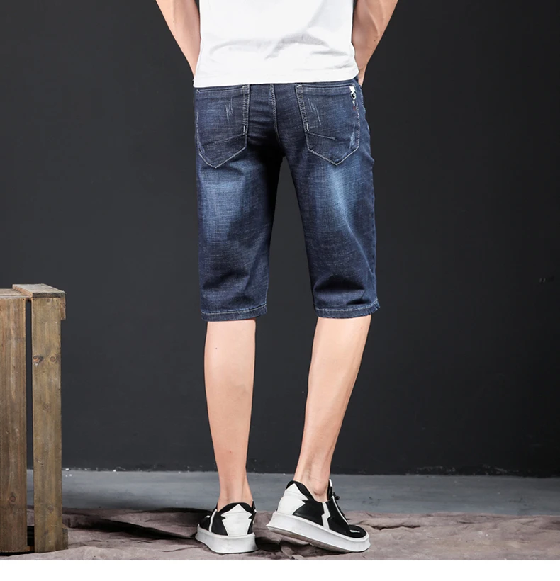 Mens Jeans Brand Ripped Biker Jeans Men Shorts Denim Pants Elastic Dark Blue Streewear Frayed Slim
