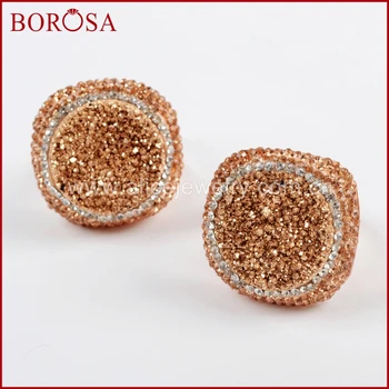 

BOROSA 10pcs Rhinestone Pave Rose Gold Druzy Ring Fashion Drusy Jewelry Adjustable Rings Gems Jewelry for Women JAB918