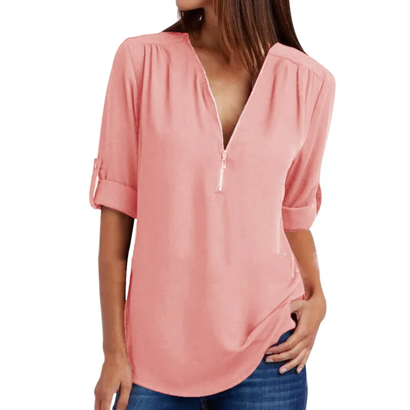 

Zipper Short Sleeve Women Shirts Sexy V Neck Solid Womens Tops And Blouses Casual Tee Shirts Tops Female Clothes Plus Size 5XL
