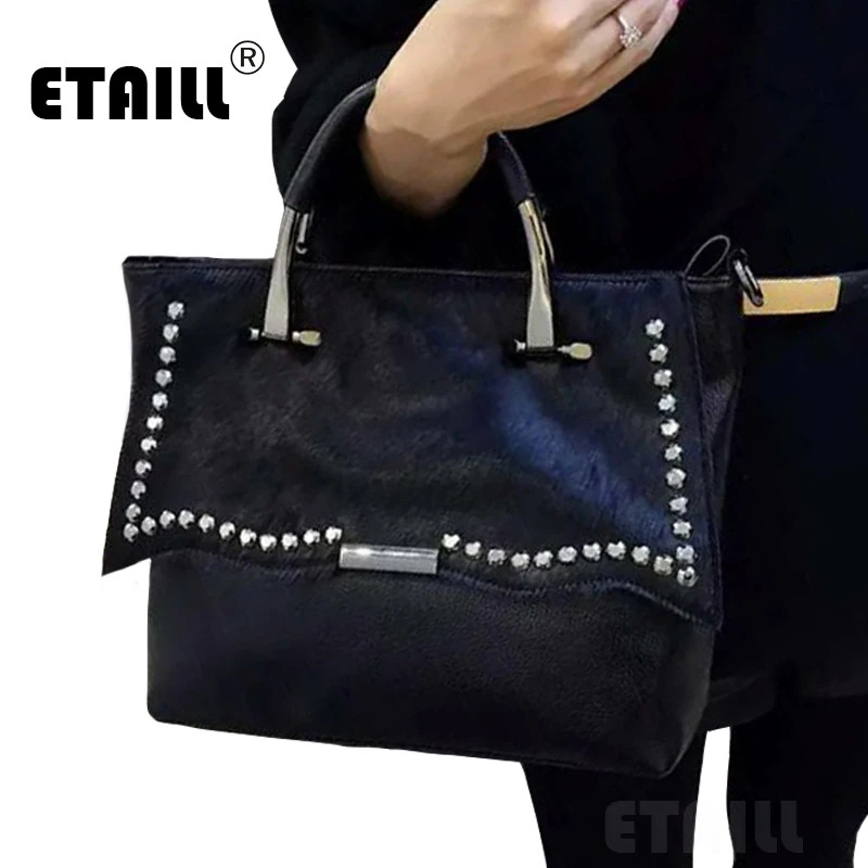 Black Diamond Rhinestone Horsehair High Quality Famous Designer Handbags Women Small Crossbody Bags Horse Hair Messenger