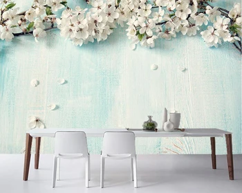 

3d fresh blue wood cherry blossom wallpaper papel de parede,living room sofa TV background kitchen mural wallpaper for cafe