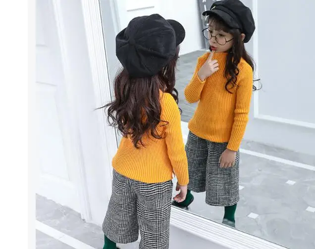 Осенняя детская одежда свитер для девочек однотонный вязаный свитер с длинными рукавами и воротником под горло для маленьких девочек, детские свитера для девочек