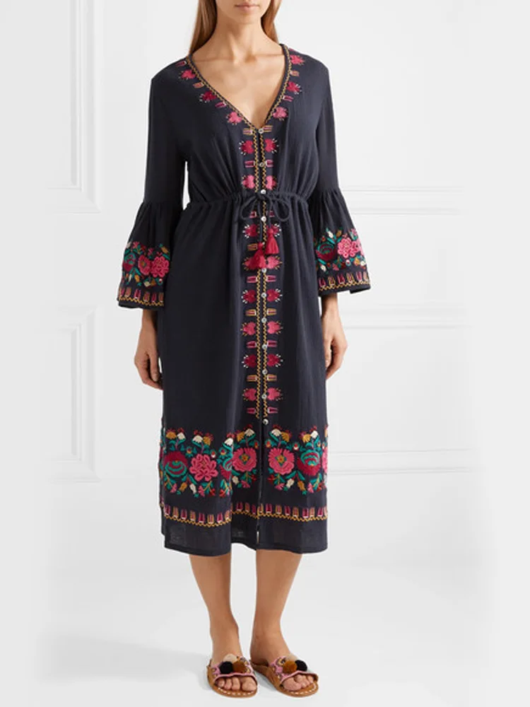 

Summer travel vintage ethnic embroidery flower horn sleeve V collar long dress Bohemian travel beach dress