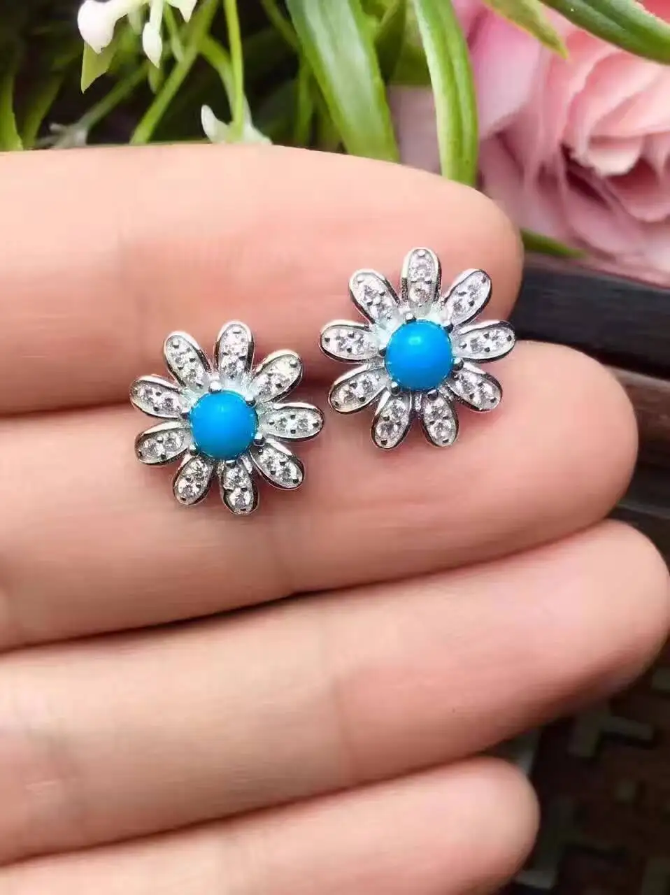 natural blue turquoise stone stud earrings 925 silver Natural gemstone earring women romantic flowers stud earrings