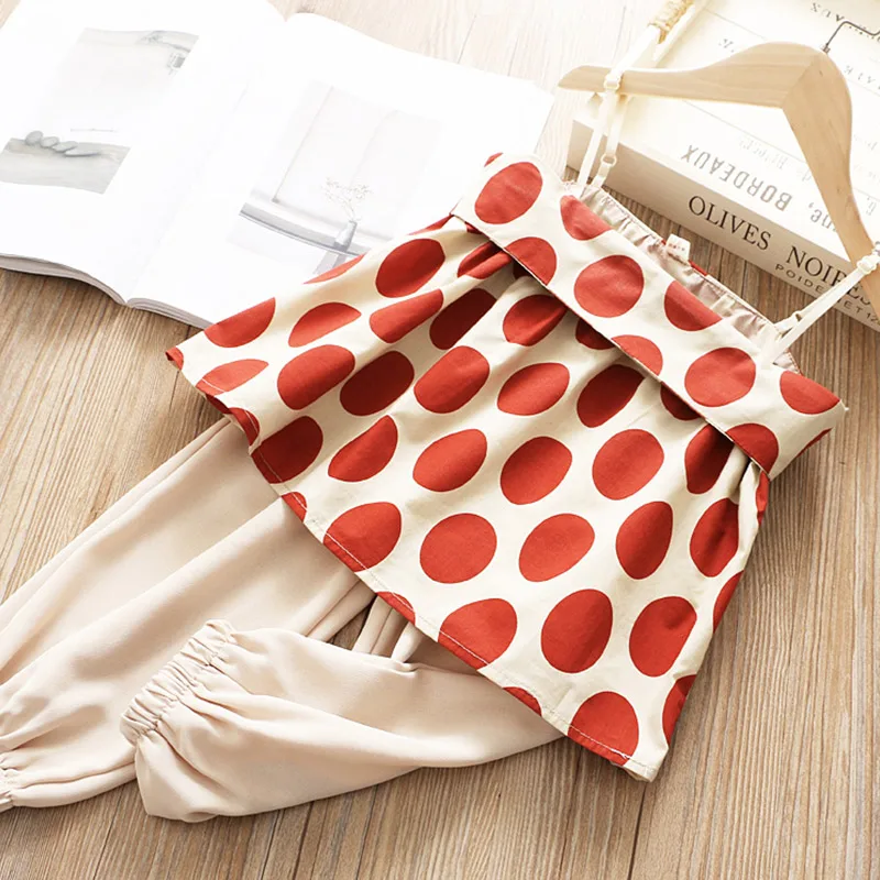 

Girl Summer Set Kids Sleeveless Clothing Sets Girls Polka Dot Halter Top + Chiffon Trousers Pants Girls Clothes Suits