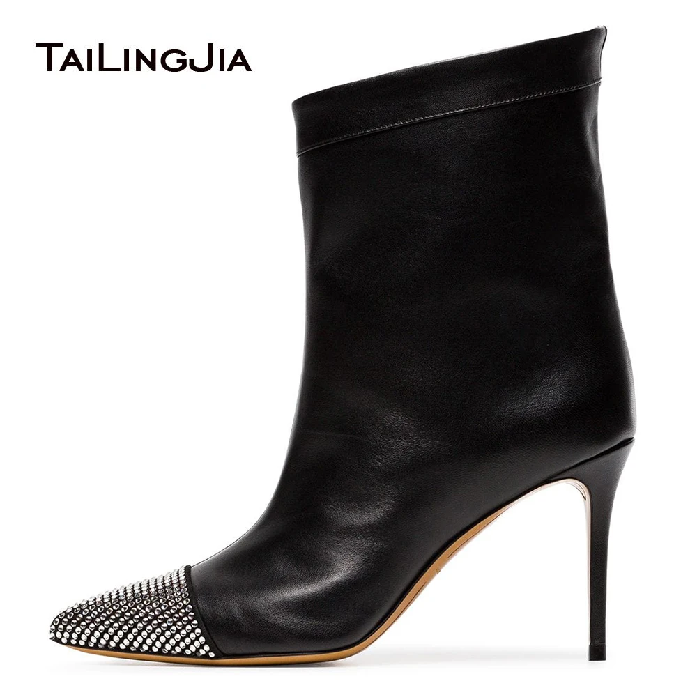 

Women Pu Crystal Ankle Boots Plus Size 46 High Heels Shoes Woman Pointed Toe Sexy Stilettos High Heels Autumn Winter Boots 2018