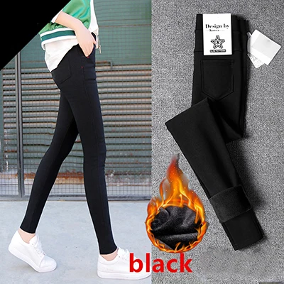 black Женские зимние брюки Slim Fit Skinny Брюки с флисовой подкладкой эластичные с высокой талией Джеггинсы Pull On термоджинсы узкие брюки белый черный - Цвет: black