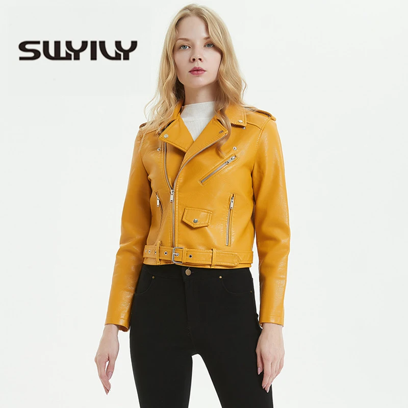 SWYIVY  Leather Jacket Woman Fahsion PU Short Desgin 2018 Spring Autumn New Female Slim Moto Biker Leather Jacket Coat With Belt