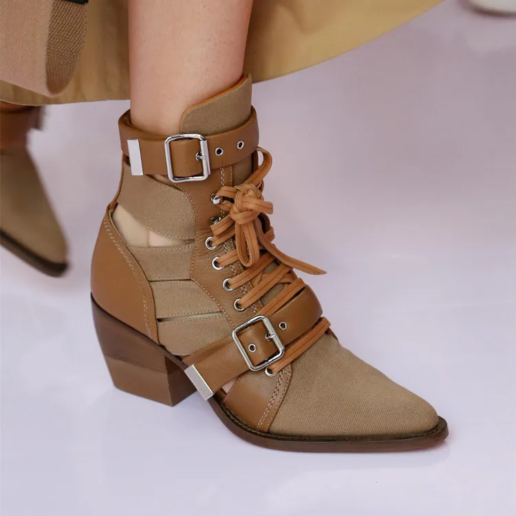 

2019 Woman Pointed Toe Lace-up Ankle Boots Metallic Buckle Strap Hollow Out Boots Chunky Heels Motorcycle Boots Woman 34-44