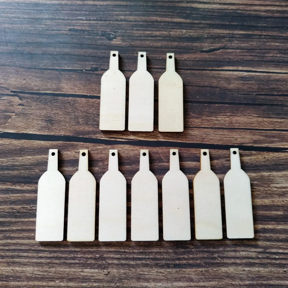 

50pcs 6x1.8cm Unfinished Wood Wine Bottle Label Gift Tag Shape Laser Cutout Wooden Craft for Decoration Decoupage Embellishment