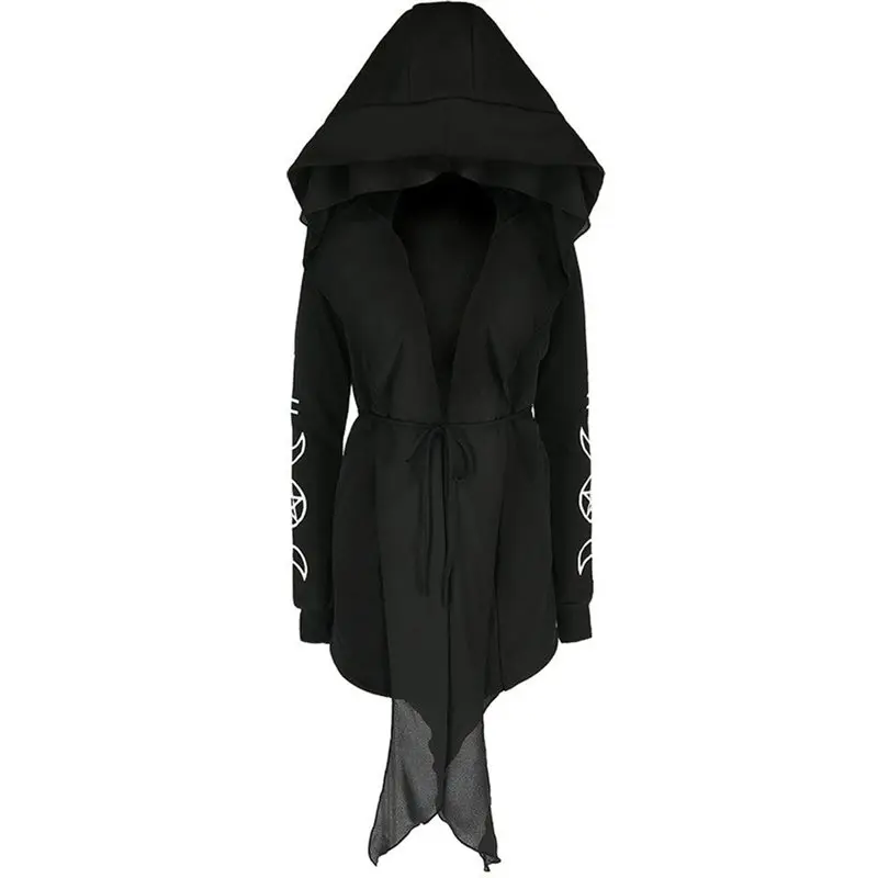 

Gothic Asymmetric Coat Women Casual Top Autumn Fashion Hooded Block Printed Slim Female Black Outerwear Trench Coat