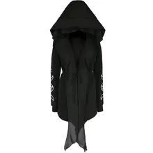 Gothic Asymmetric Coat Women Casual Top Autumn Fashion Hooded Block Printed Slim Female Black Outerwear Trench Coat rosetic gothic asymmetric coat vintage lace up autumn winter women black trench outerwear casual dark streetwear retro goth coat