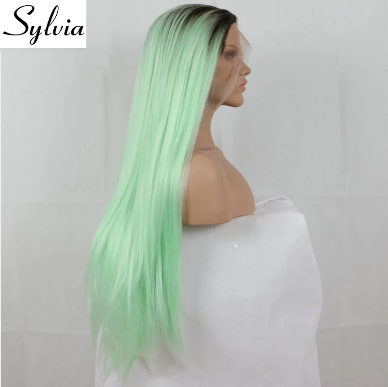 Sylvia мятный зеленый два тона Омбре шелковистые прямые синтетические парики на шнурках спереди длинные натуральные термостойкие волокна волос с темными корнями