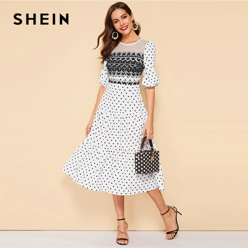 

SHEIN White Mesh Yoke Polka Dot Ruffle Hem Vintage Summer Long Dress Women Bishop Sleeve Fit and Flare A Line Elegant Dresses