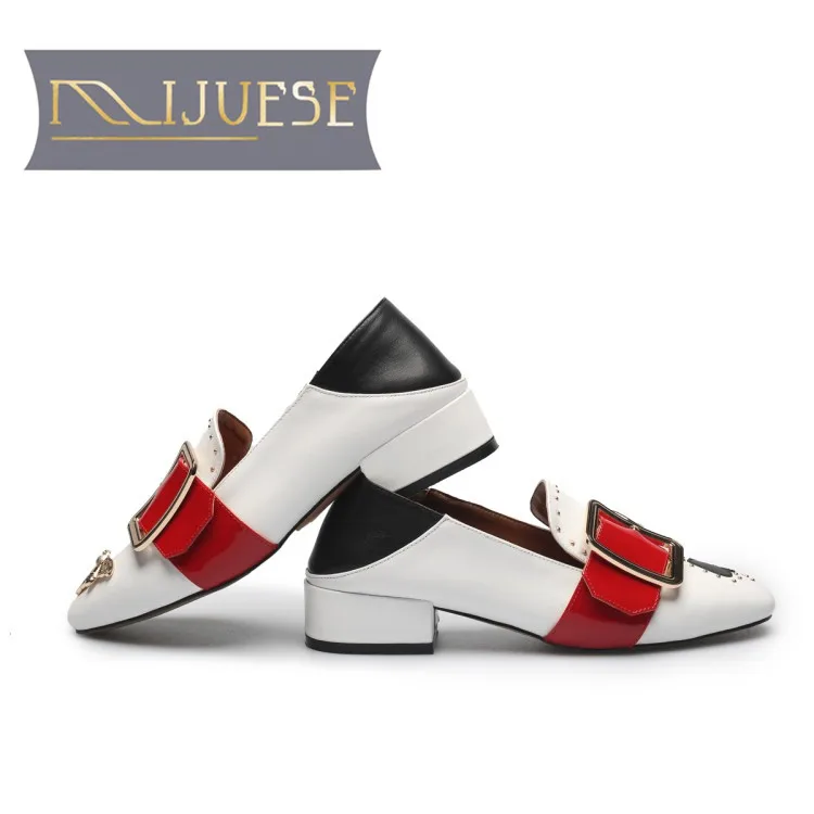

MLJUESE 2018 women flats Genuine leather slip on white color metal spring comfortable shoes casual flats women size 33-43
