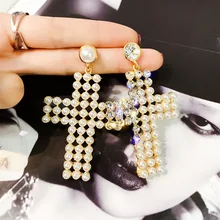 Блестящая сторона модный бренд ювелирные изделия крест жемчуг серьги гвоздики для женщин Кристалл серьги