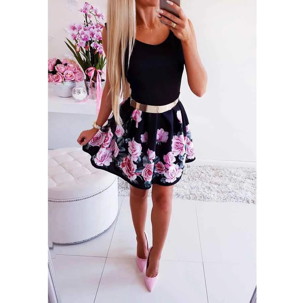

JAYCOSIN Fashion Women A Line Dress Summer Fashion Dress Sexy Round-necked Rose Printed Dress Summer Beach Casual Dress APR29