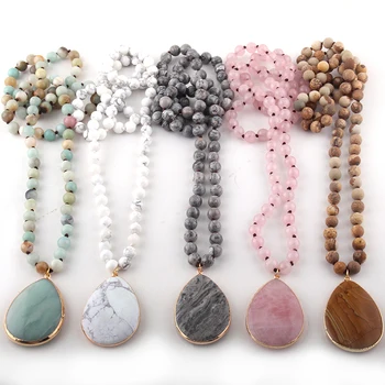 Fashion Bohemian Jewelry Natural Stone Knotted Stone Matching Drop Pendant Necklaces Women Beaded Necklace