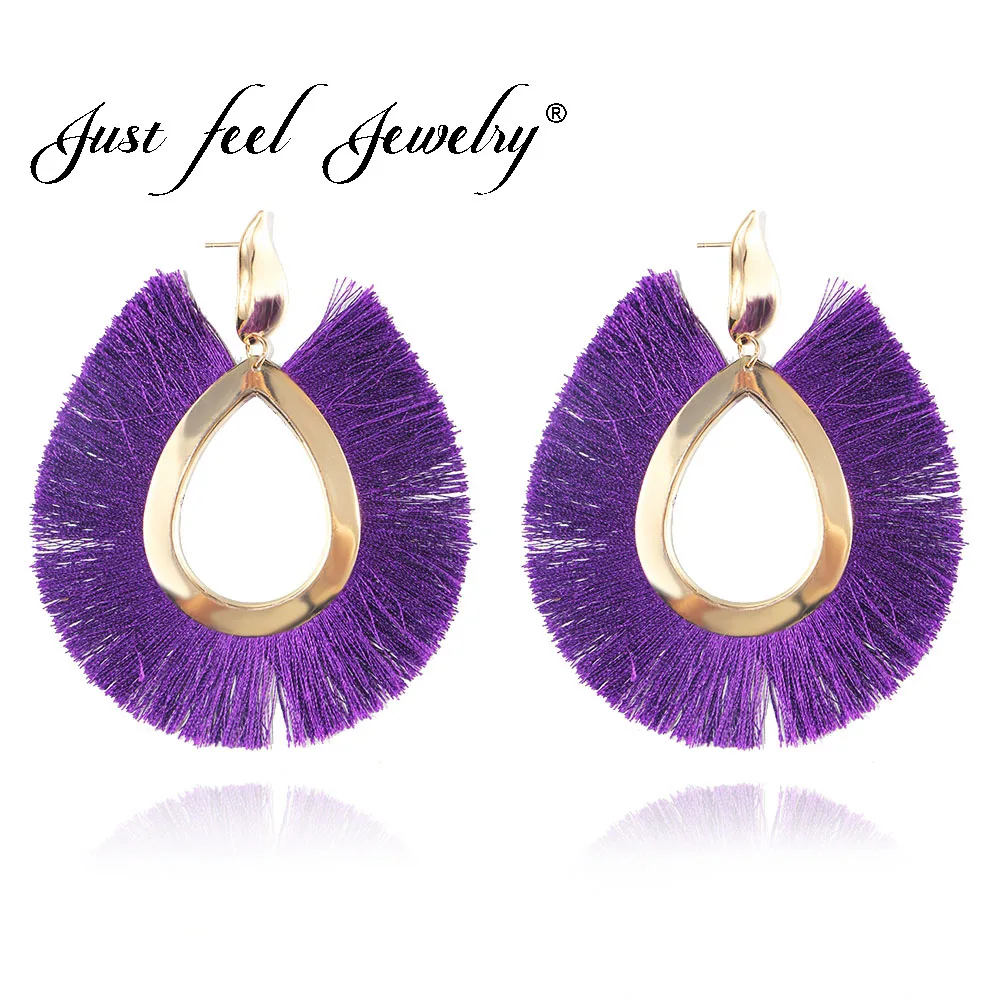

JUST FEEL T Show Bohemia Purple Tassels Dangle Earrings Cotton Handmade Fringed Earrings Ethnic Jewelry Trendy Women Accessory