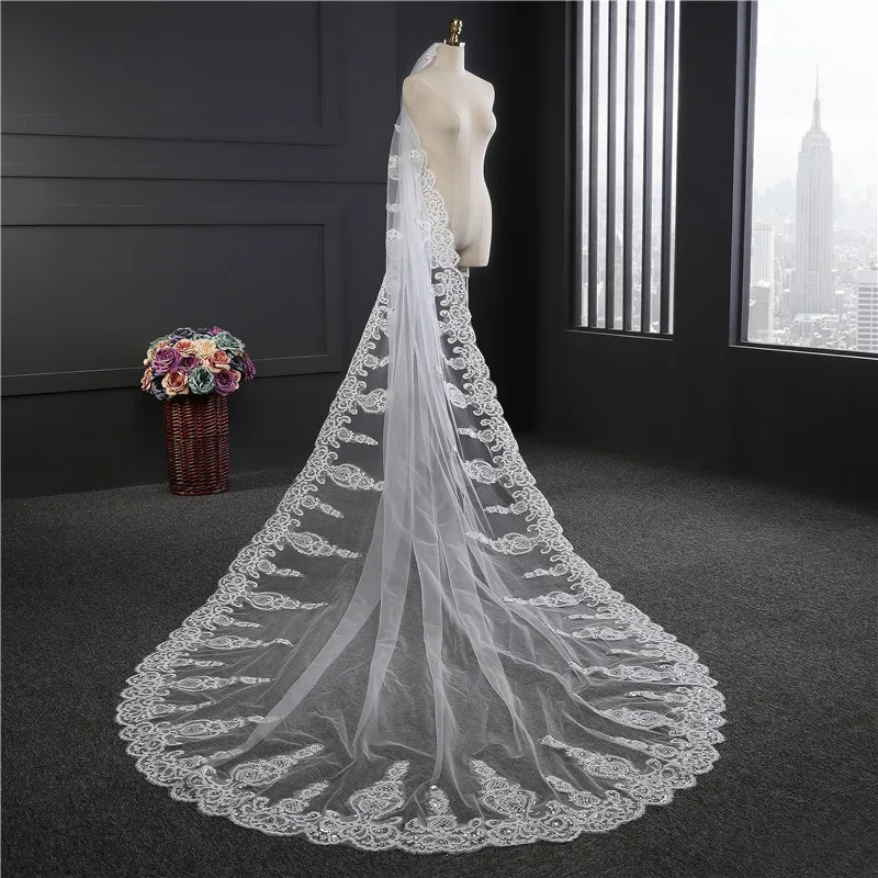 3 5 Meter Wedding Veil Long White Lace Liques Bridal 3 5 Meter Wedding Veil Long White Lace Liques Bridal Veils Mesh For Bride With Comb Was10056 In From Weddings Events On
