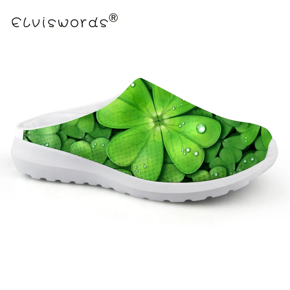 

ELVISWORD 3D Greem Lucky Leaf Printed Summer Mesh Sandals Women Breathable Light Weight House Slippers for Ladies Beach Flats