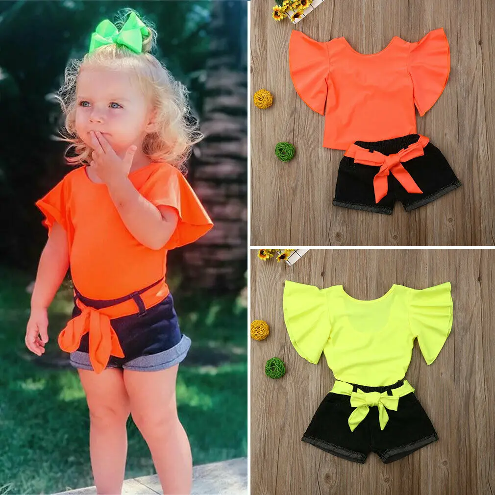 

2019 New Summer Toddler Girl Kid Clothes Sets Solid Pagoda Sleeve Ruffle Tops+Jeans Pants Cotton Outfit Set 1-6Y