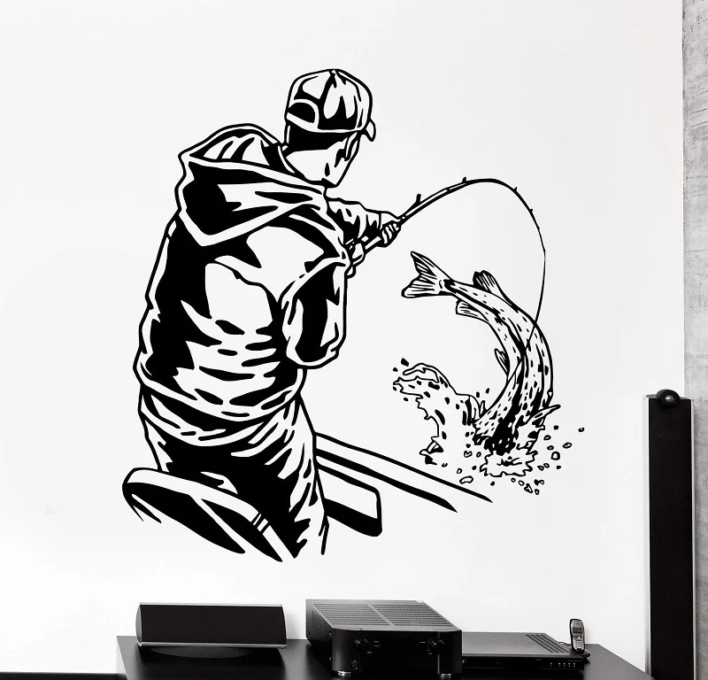 Home Decor Wall Vinyl Applique Fishing Fish Sports Man in Boat Home Interior Art Decor Decor Wallpaper 2KN18