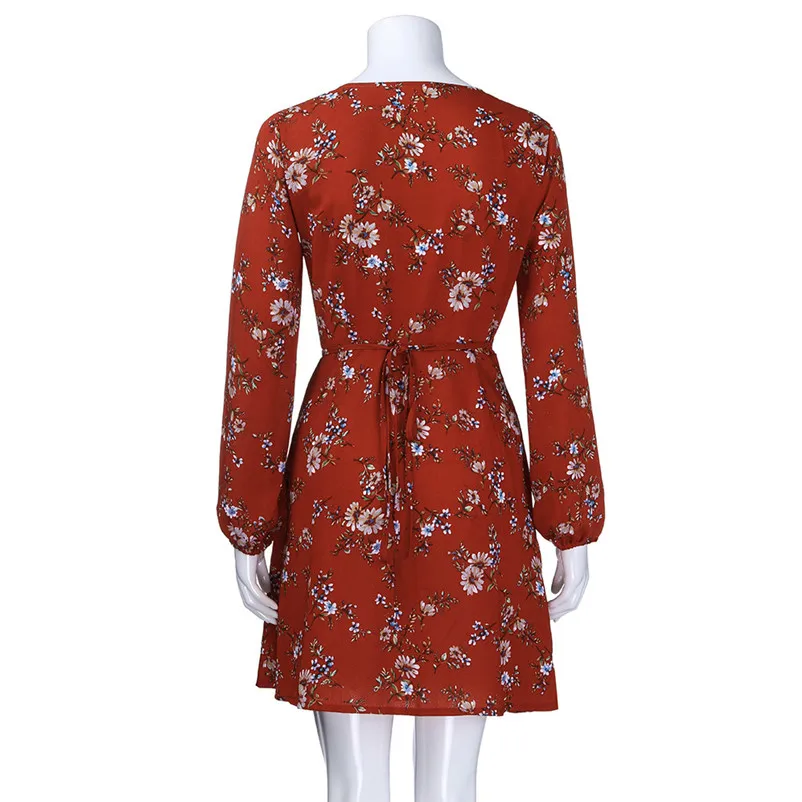 Fashion dress women summer Autumn 2018 Long Sleeve Floral Print lacing Casual Mini Dress Floral Dress vestido A21#N (5)