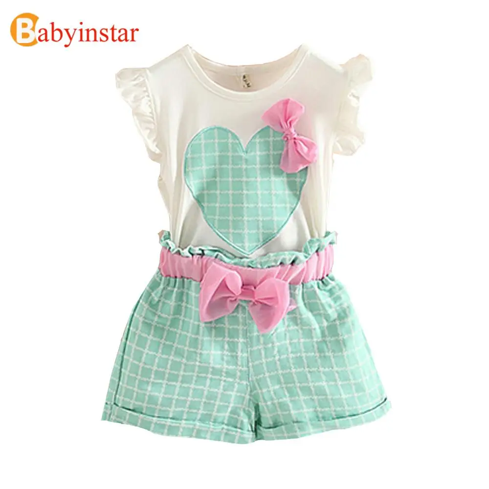 

Sweet Cute Girls Clothing Set Love Bow T-shirt + Plaid Shorts 2pcs Kids Clothes Sets 2018 Baby Costume Girls Shorts Set