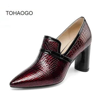

Fashion sexy black, burgundy high heel women's shoes Genuine Leather tip head bow Crude heel shoe Female Heels women pumps