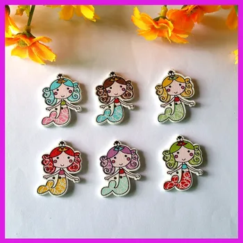 

120pcs Top painting 2 hole Mixed Lovely Mermaid painted Wooden buttons for handmade Scrapbooking Craft 23x32mm