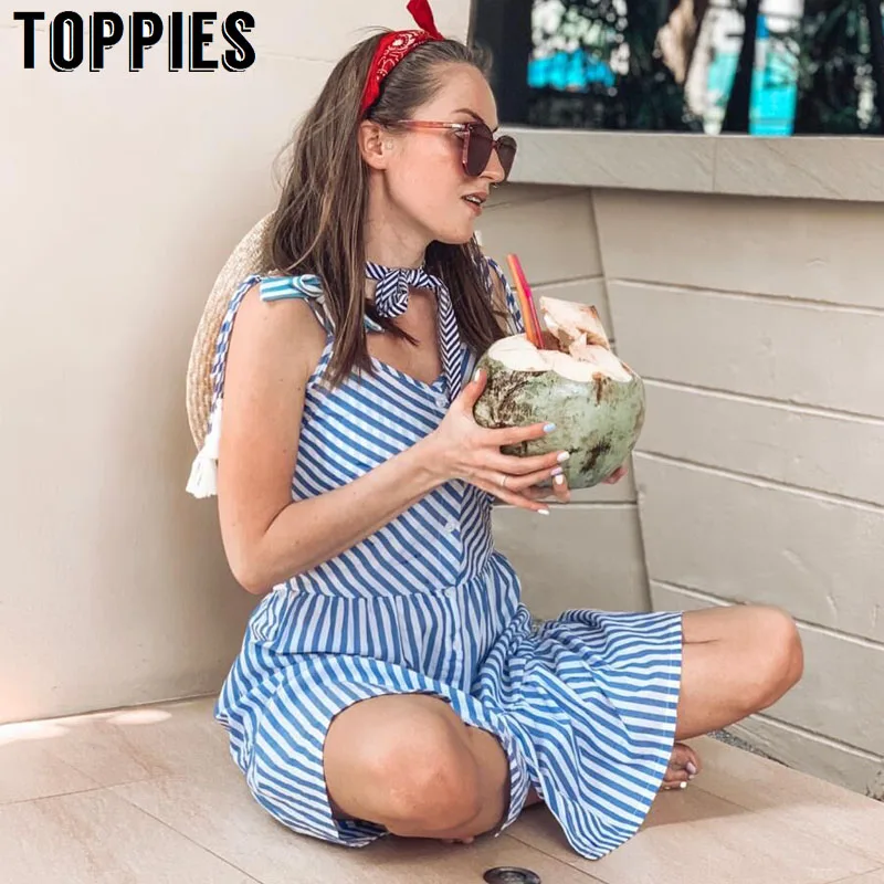 

Retro Chic Striped Tassel Dress Vacation Beach Summer Dress Women Sexy V Neck Smocks Pleated Hem French Style