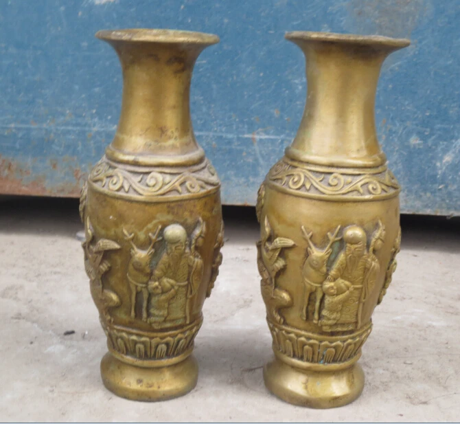 

A Pair Antique Metal Crafts vases chinese brass carved The God of longevity and pine tree vase fast shipping