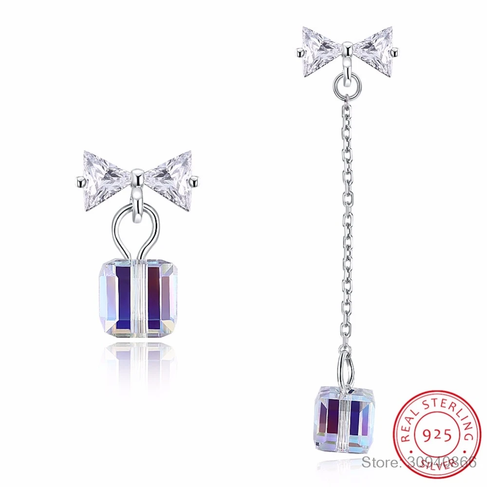 

LEKANI Crystal from Swarovski 925 Sterling Silver Asymmetric Stud Earring Square Cube Bowknot Earring Fine Jewelry Gift Brincos