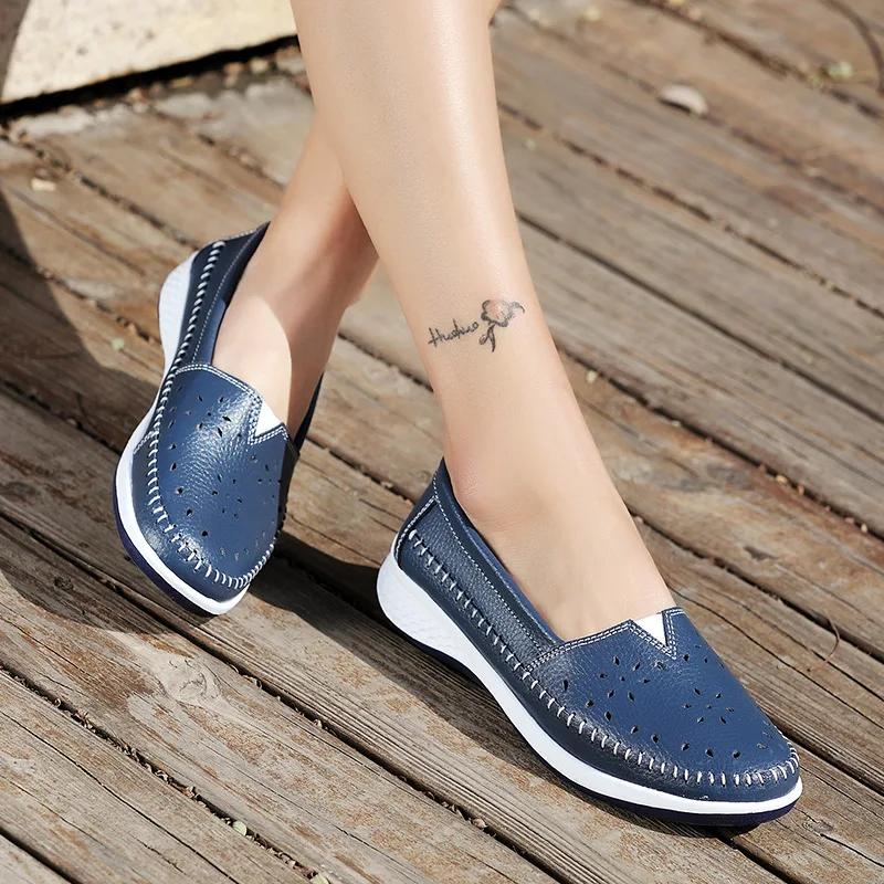 blanc Slip argent Mocassin Chaussures Casual Cuir Plat Appartements bleu Mocassins Trou Femme 2018 Main Dames Sur D'été Noir Femmes En WPzxAH8U