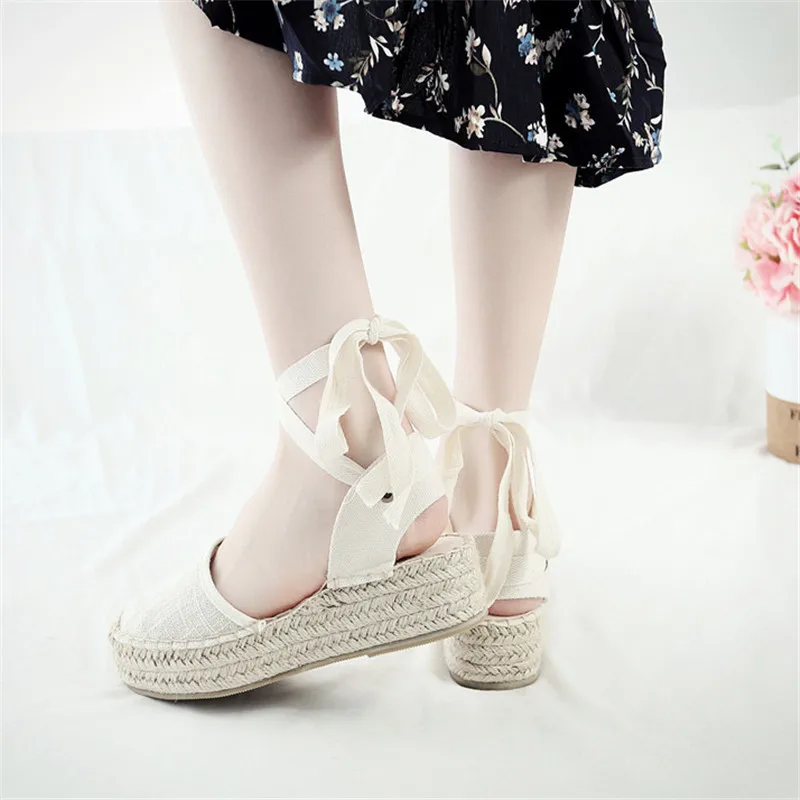 Summer Black Striped Wedge Espadrilles Women Sandals Closed Toe Lace Gladiator Sandal Women Casual Lace Up Women Platform Sandal (3)
