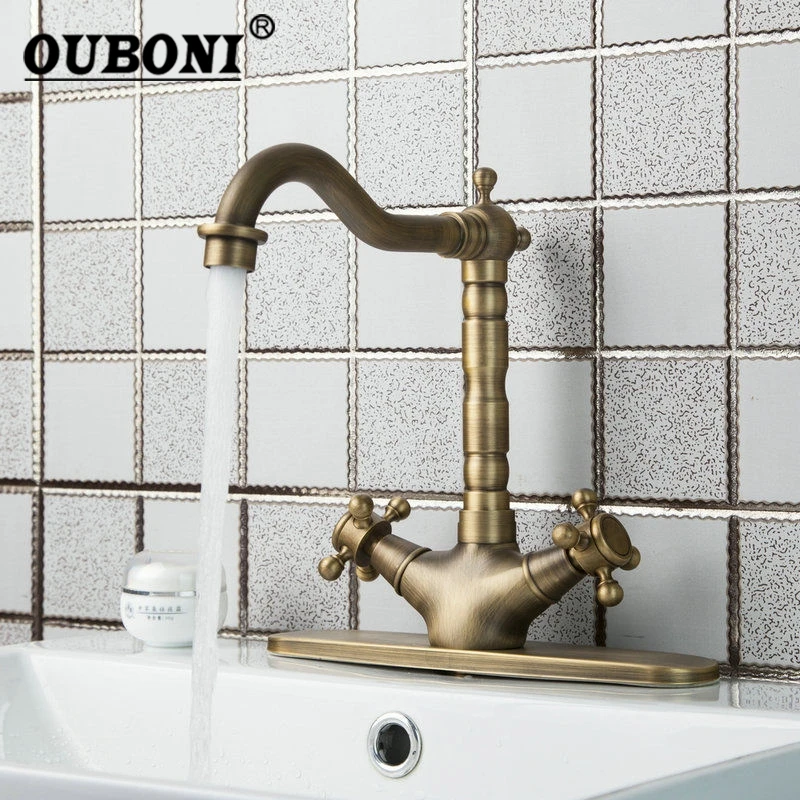 OUBONI Swivel 360 Antique Brass Double Handles Kitchen Tap Brass Cover Plate 2 Hose Sink Torneiras Cozinha Tap Mixer Faucet