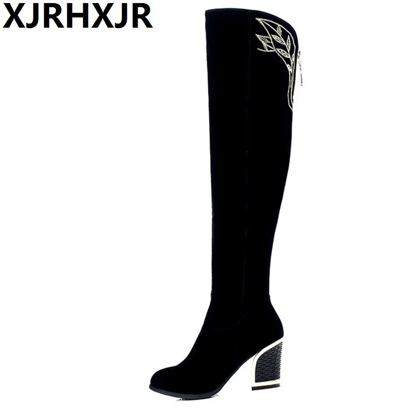 Goedkoop Brand Fashion Su egrave;de Overknee Laarzen Vrouwen Ronde Neus Zip Dikke Hak Ridder Laarzen Lange Vrouwelijke Winter Laarzen zapatos mujer