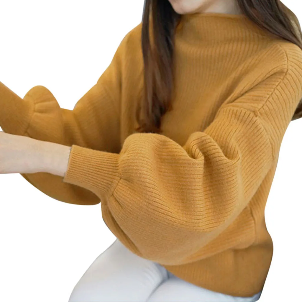 Свитера с пышными рукавами, женские вязаные пуловеры с высоким воротником, женский зимний толстый свитер с длинными рукавами, свободные топы, блузка, теплые вязаные мягкие