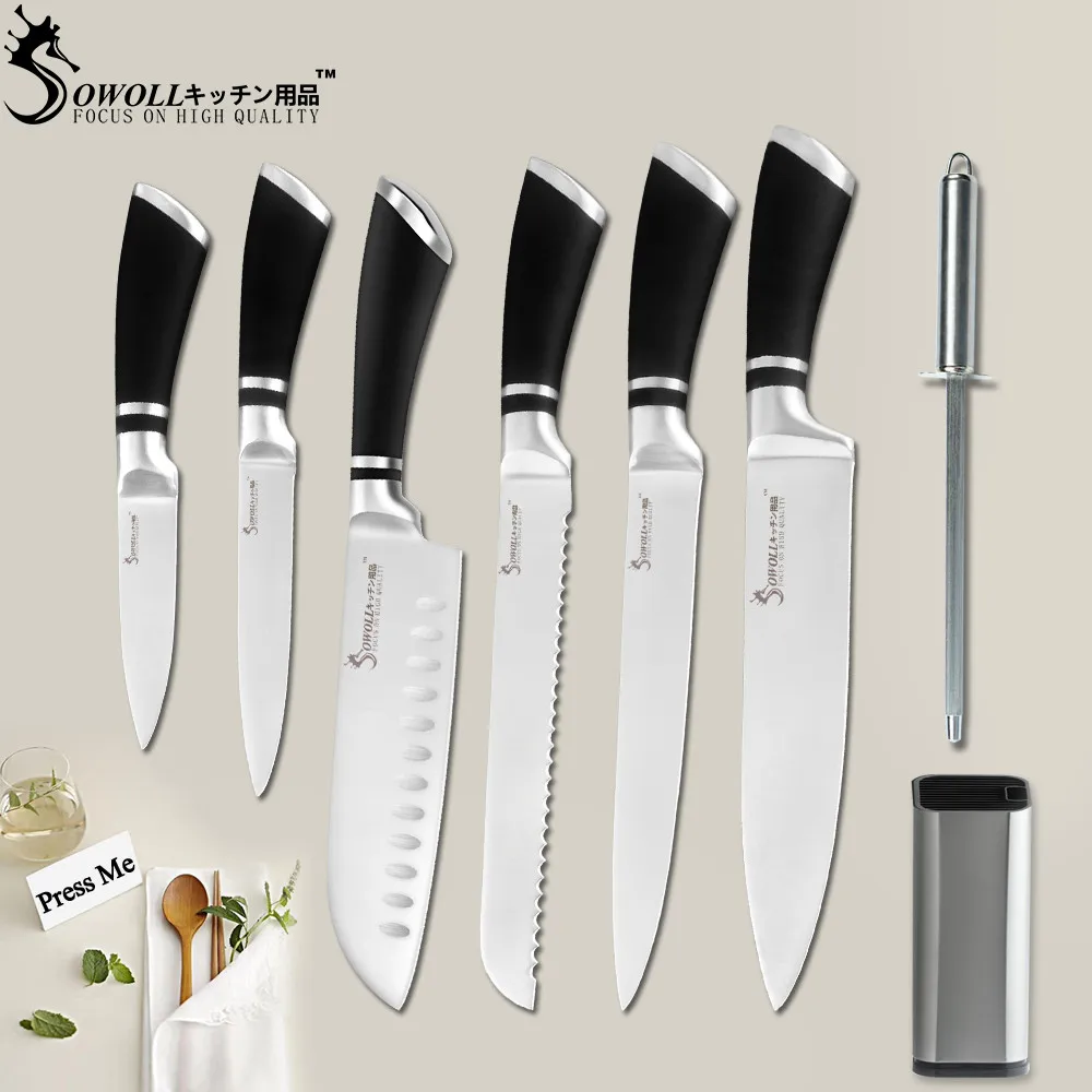 

SOWOLL Stainless Steel Kitchen Knife Japanese Cooking Knife Kitchen Knife Set Sharpener Rod Bar Knife Holder Block Kitchen Tool