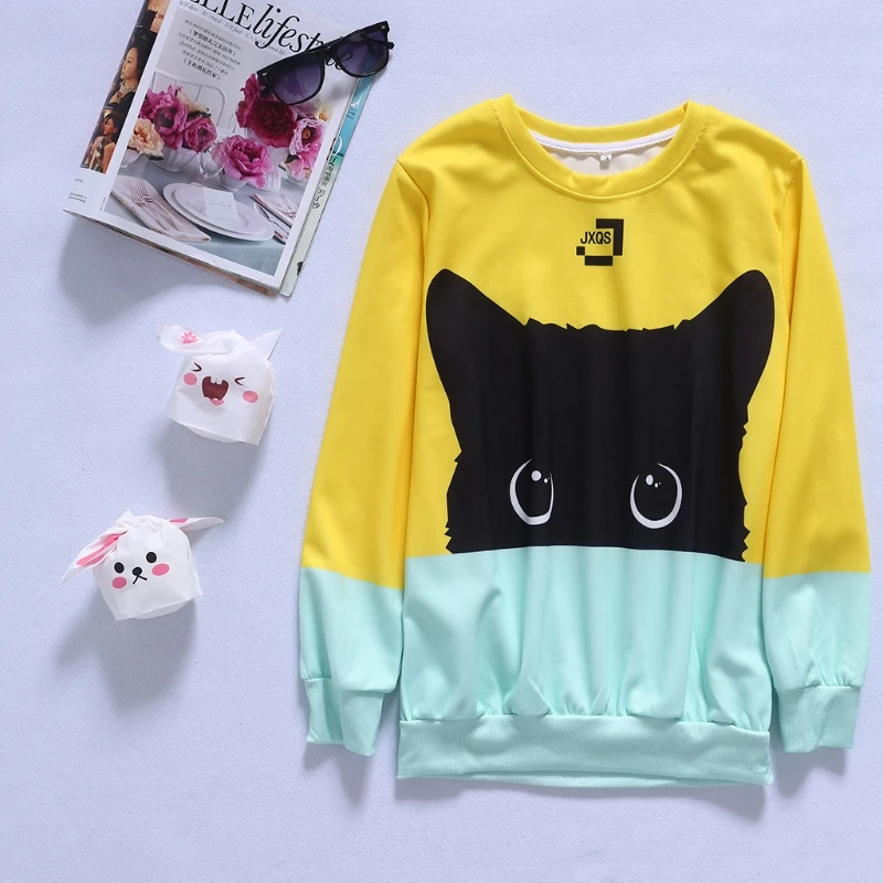 KLV Harajuku Hit Color Yellow Blue Cat Fashion Men Women Sweatshirt Space Cotton Kawaii Cartoon Cat Pullover Hoodies Wholesales