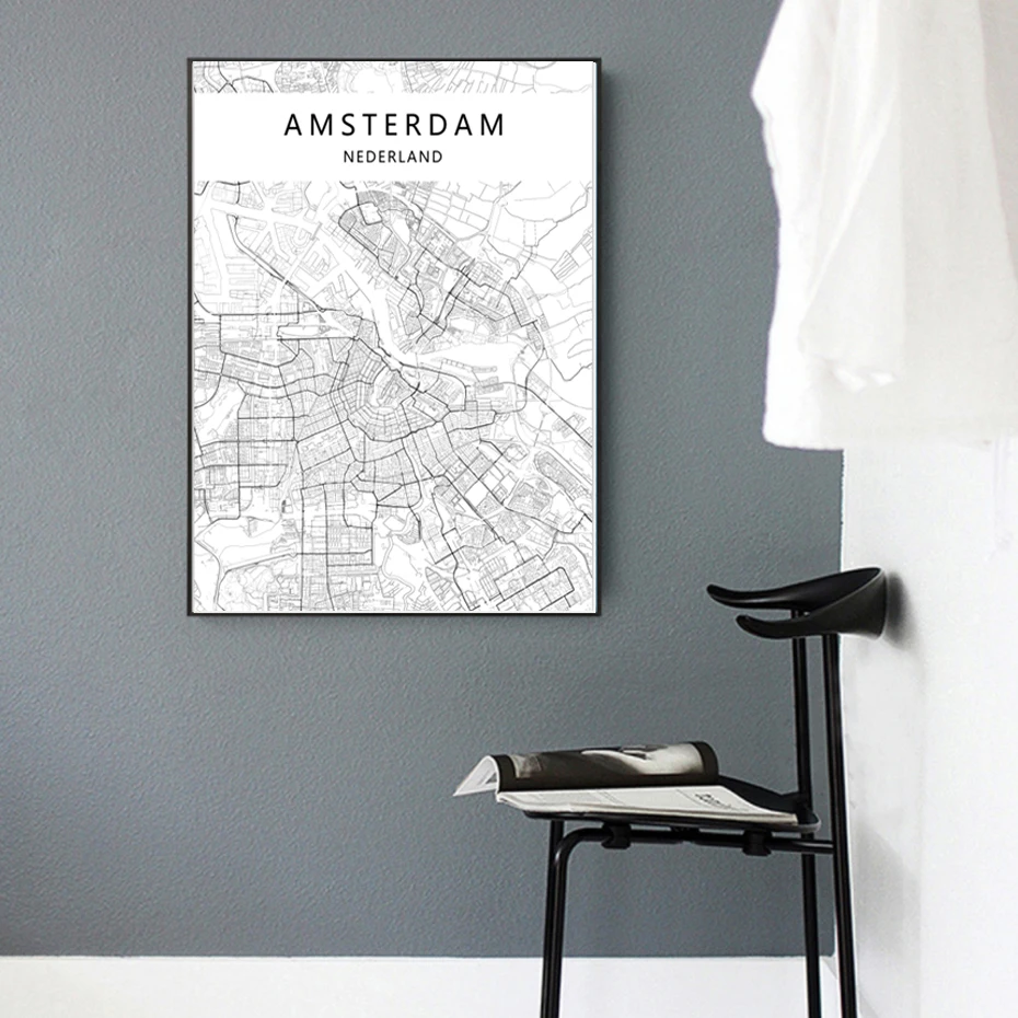 

Modern City Amsterdam Map Minimalist Canvas Painting Black and White Wall Art Print Poster Pictures For Living Room Home Decor