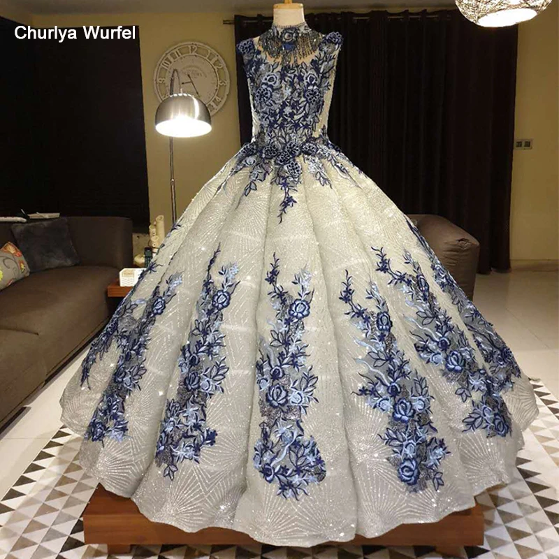 

LSS511 swollen Evening Dresses floor length crystal high neck sleeveless prom dresses blue appliques abiti da cerimonia da sera