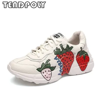 

New women's shoes fall winter Genuine leather strawberry graffiti Lace-up sneakers thick bottom breathable women single shoes